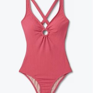 KONA SOL One Piece Swimsuit Wide Rib Center Ring Medium Coverage Salmon Pink L